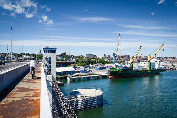 Casco Bay Bridge Skyline and Bicyclist