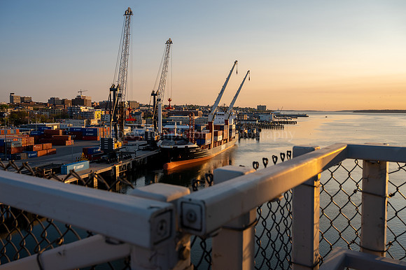 Casco Bay Bridge Sunrise Skyline with Boat