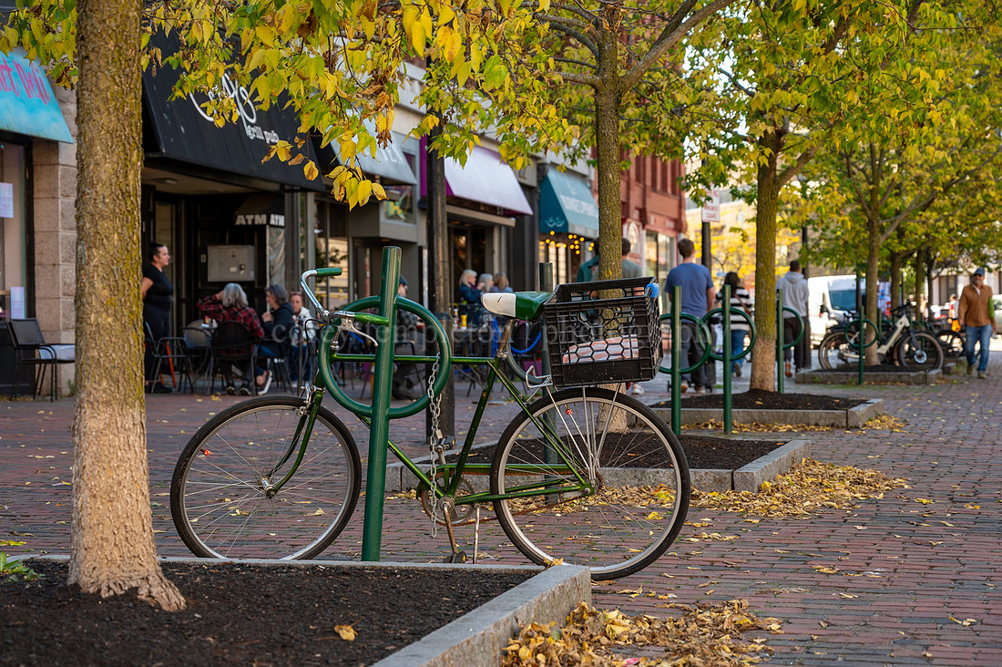 Green Bicycle in Monument Square on Autumn Day