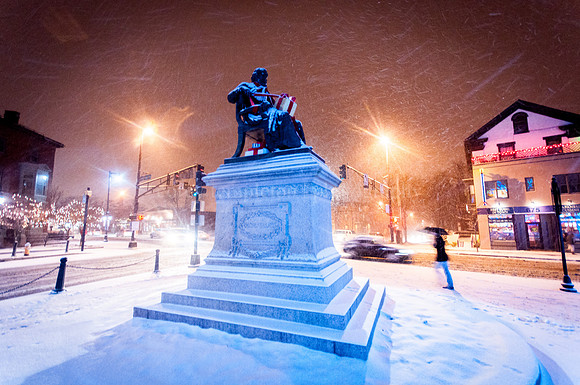 Snowy Longfellow Square at Night