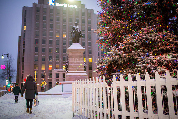 Monument Square Statue and Christmas Tree