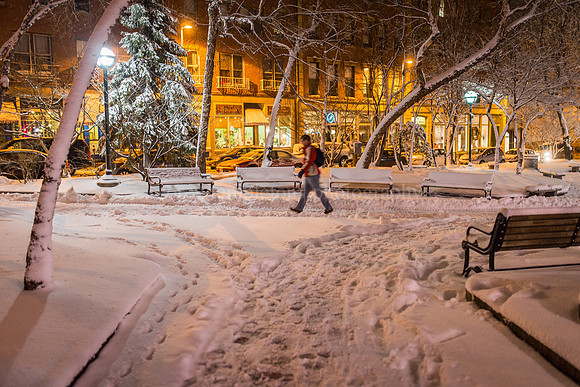 Winter Walker in Post Office Park Snow at Night