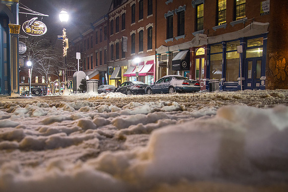 Snow on Cobblestones, Exchange Street