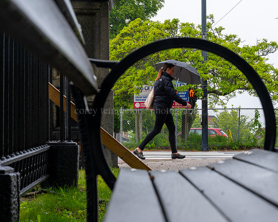 Rainy Bench Framing Person Walking with Umbrella