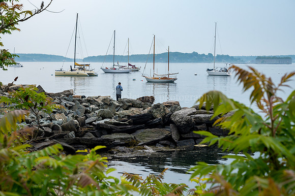 Fishing on the Eastern Waterfront with View of Fort Gorges