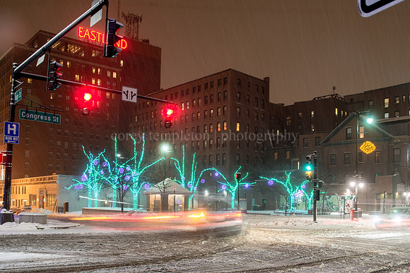 Snow at Congress Square Park at Night