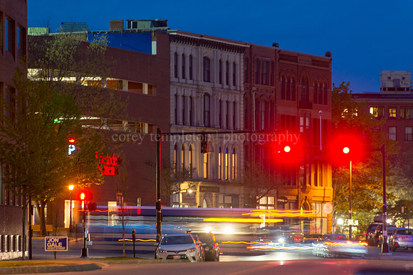 Looking Towards Middle Street Buildngs at Red Light, Night
