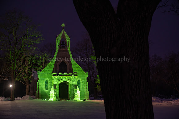 Samuel Wilde Memorial Chapel at Evergreen Cemetery, Winter, Nigh