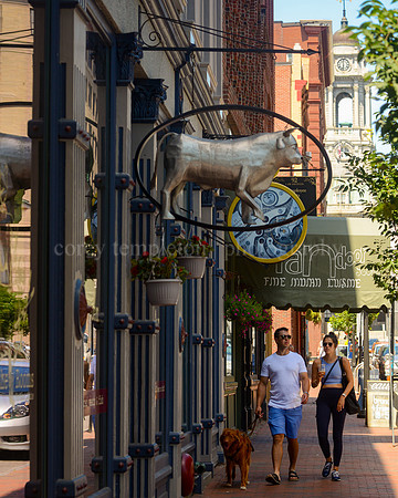 Couple and Dog Walking on Exchange Street, Summer