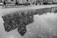 Custom House Black and White Puddle Reflection