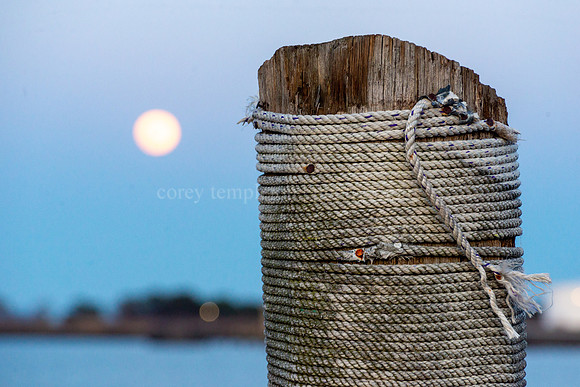 Weathered Wooden Bollard and Moon on Portland Pier