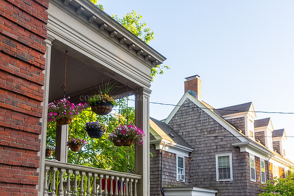 Potted Hanging Flowers on porch on Danforth Street