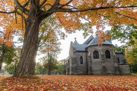Wilde Memorial Chapel at Evergreen Cemetery with Autumn Leaves
