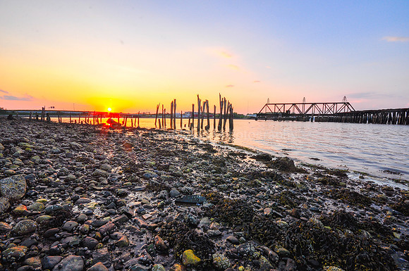 Eastern Waterfront Along the Old Railroad Trestle, Summer Sunset